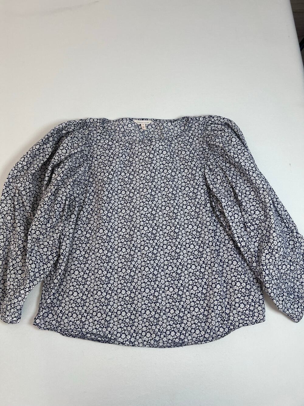 Rebecca Taylor Womens 14 Navy White Floral Cotton Puff Sleeve Blouse Cottagecore